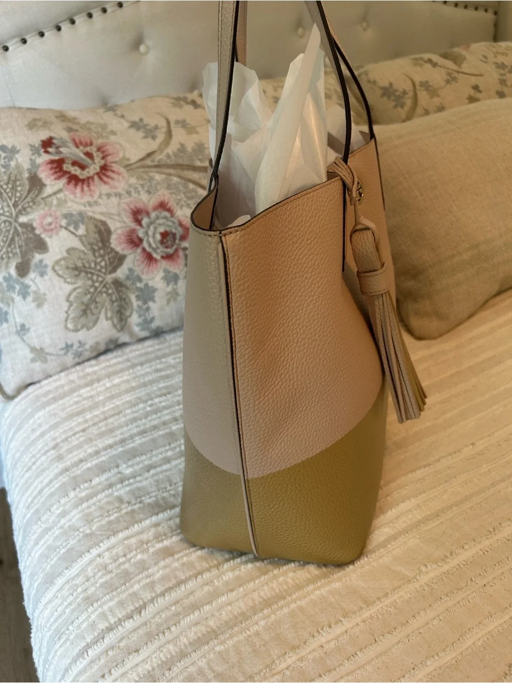 Tory Burch Perry Colorblock Pebbled Leather Tote Blush Pink And Gold EUC